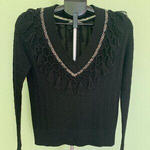 Jonathan Simkhai Cable Knit Black Sweater sz XS 100% wool Metal Rings Tassels V